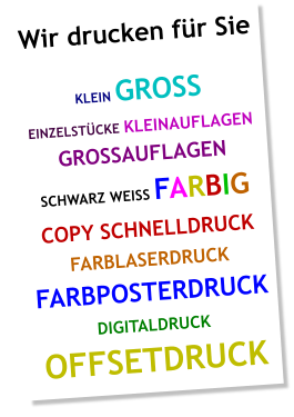 Wir drucken f�r Sie  KLEIN GROSS EINZELST�CKE KLEINAUFLAGEN GROSSAUFLAGEN SCHWARZ WEISS FARBIG COPY SCHNELLDRUCK FARBLASERDRUCK FARBPOSTERDRUCK DIGITALDRUCK OFFSETDRUCK